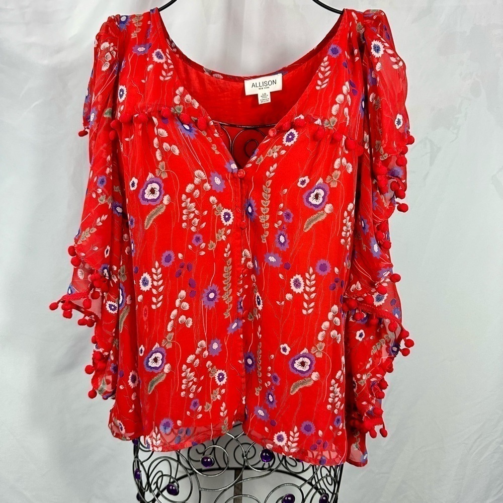 Allison New York red floral chiffon blouse size L